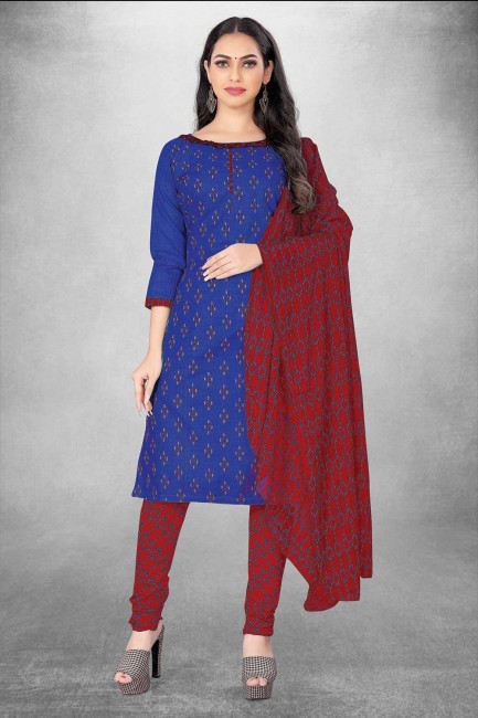 Blue Salwar Kameez in Digital print Cotton