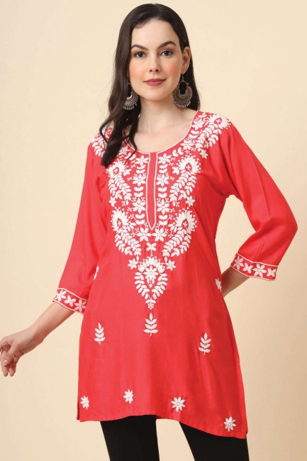 Rayon Kurti in Red with Embroidered