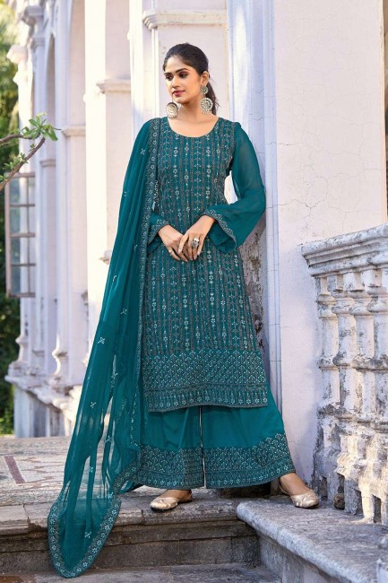 Embroidered Silk Palazzo Suit in Teal blue