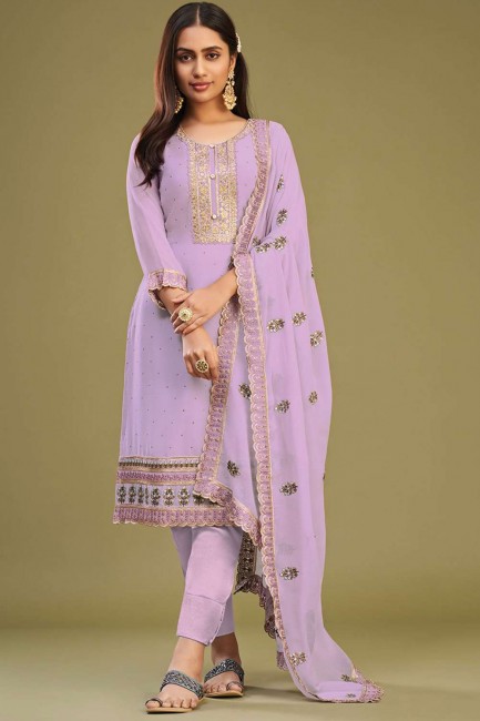 Lavender  Embroidered Straight Pant Suit in Georgette