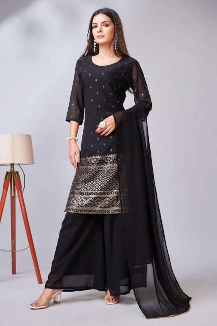 Georgette Palazzo Suit in Black with Embroidered