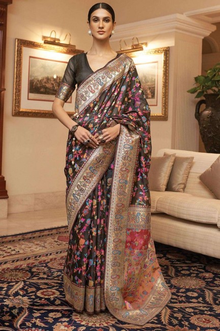 Printed Handloom silk Saree in Black