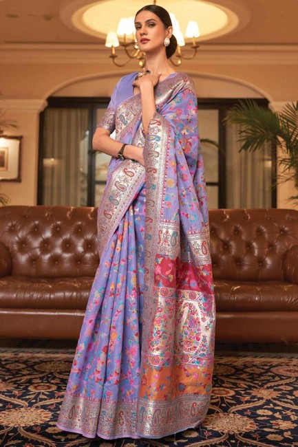 Voilet  Saree in Printed Handloom silk