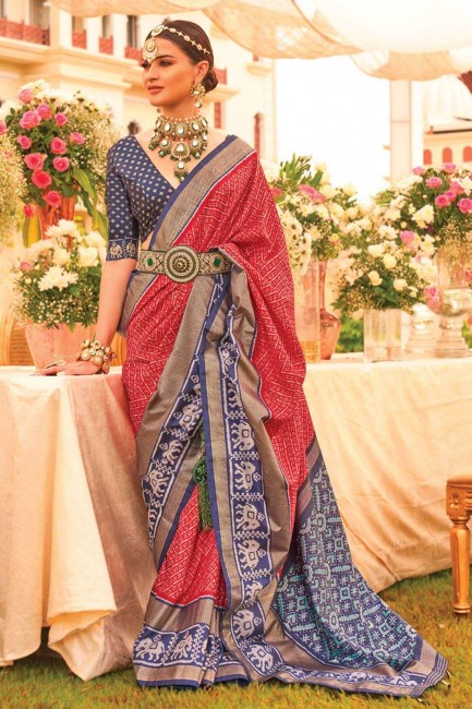 Printed Saree in Red Silk
