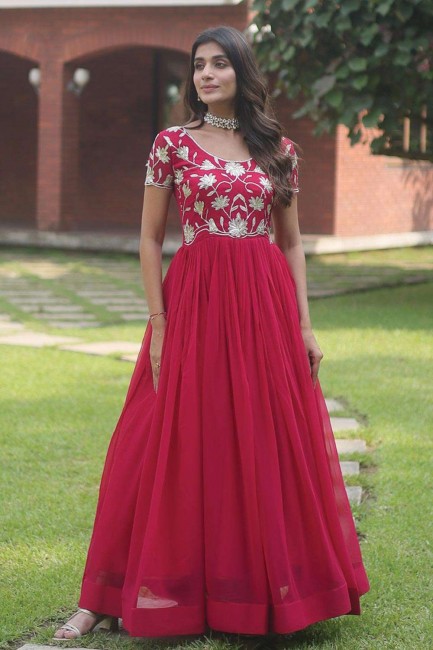 Pink Sequins Faux georgette Gown Dress