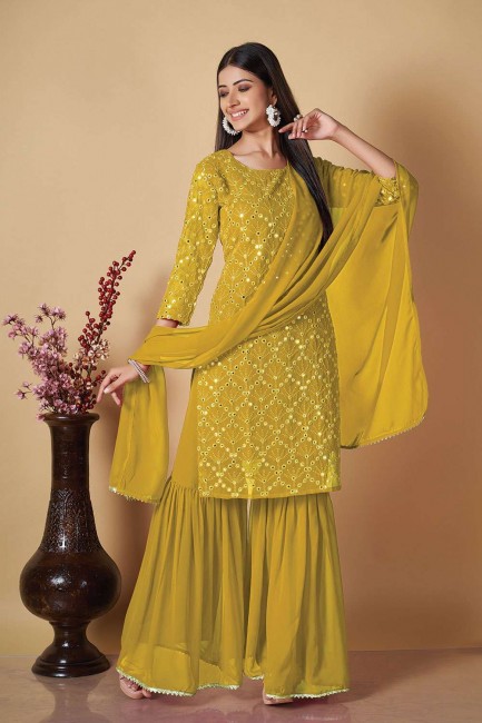 Embroidered Georgette Yellow Palazzo Suit with Dupatta