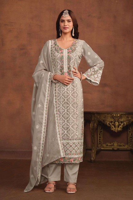 Grey Embroidered Organza Straight Pant Suit