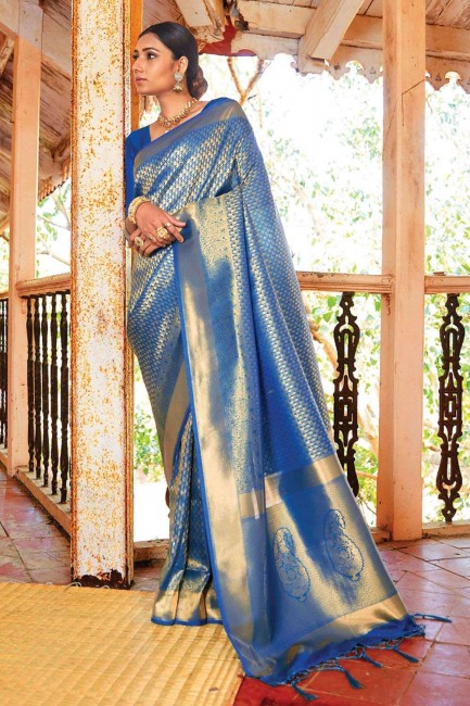 Zari,weaving Handloom silk Saree in Blue Blouse