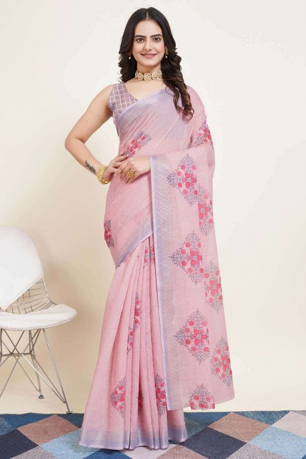 Digital print Cotton Pink Saree with Blouse