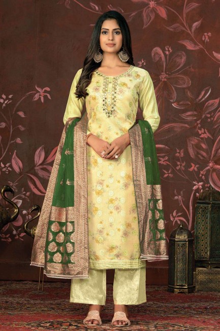 Chennai silk Straight Pant Suit in Yellow with Dupatta
