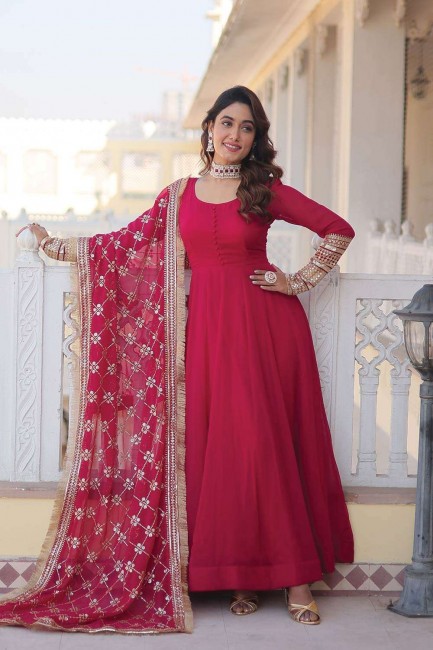Pink Gown Dress in Embroidered Faux georgette