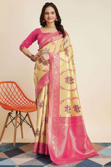 Yellow Saree  Zari  in Silk