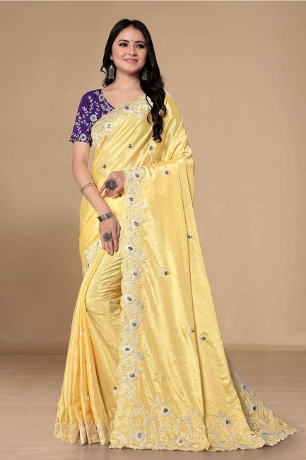 Embroidered Saree in Yellow Chiffon