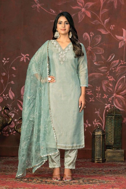Cotton Straight Pant Suit with Hand work in Blue