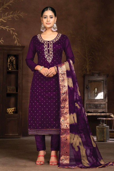Hand work Chanderi silk Purple Straight Pant Suit with Dupatta