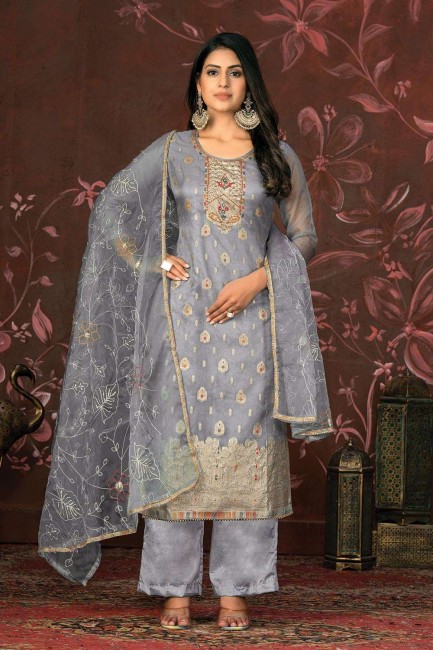 Hand work  Chanderi silk Straight Pant Suit in Grey with Dupatta