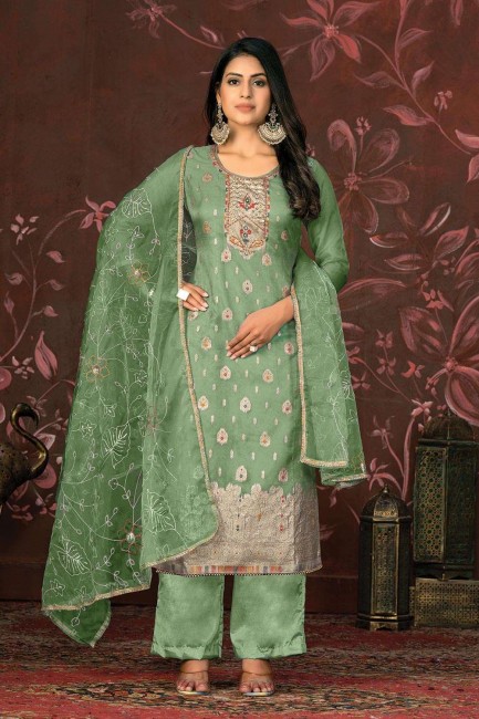 Hand work Organza Straight Pant Suit in Green with Dupatta