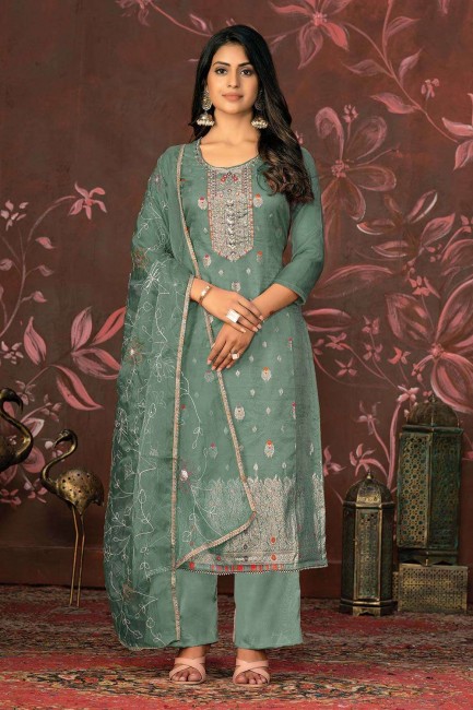 Green Straight Pant Suit with Hand work Cotton