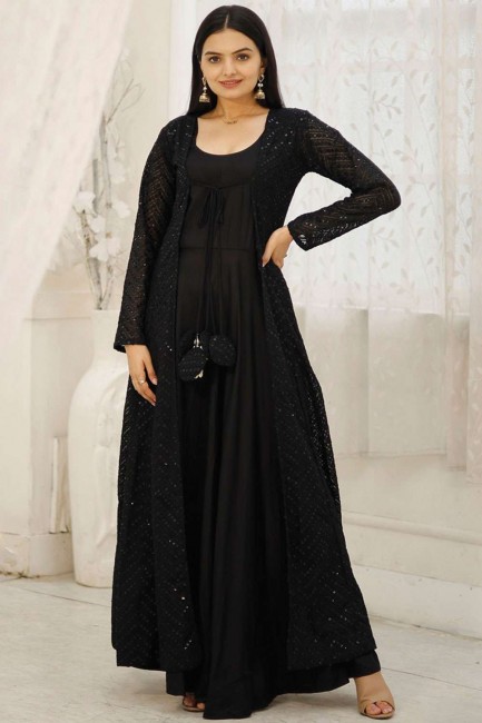 Rayon Gown Dress in Black with Embroidered