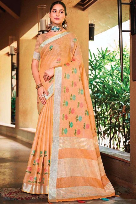 Embroidered Linen Saree  Orange with Blouse