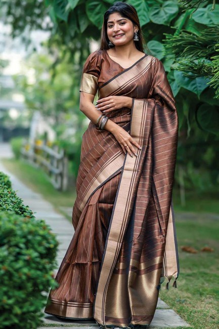 Tussar silk Weaving Brown Saree with Blouse