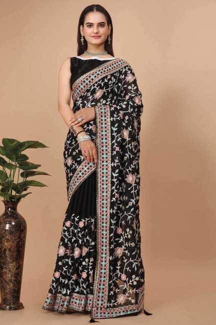 Silk Thread Black Saree with Blouse