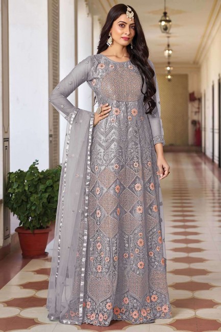 Grey Embroidered Anarkali Suit in Net