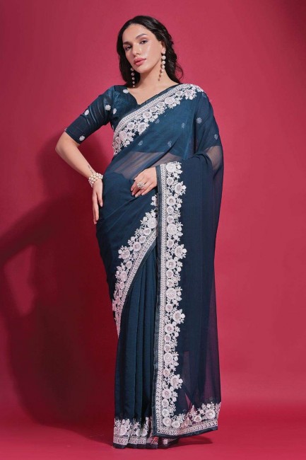 Thread,embroidered Georgette Saree in Teal blue