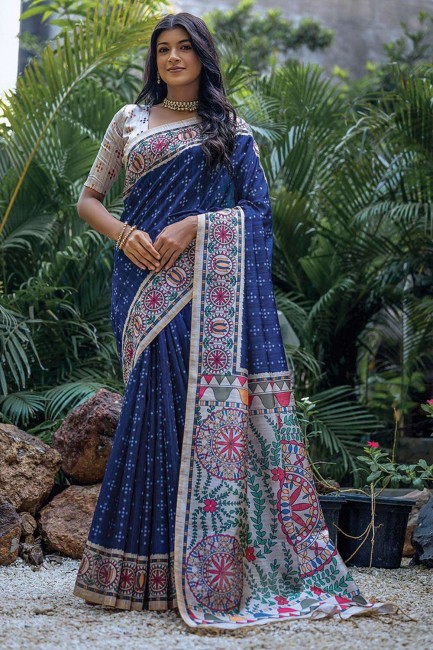 Saree Blue Printed Tussar silk