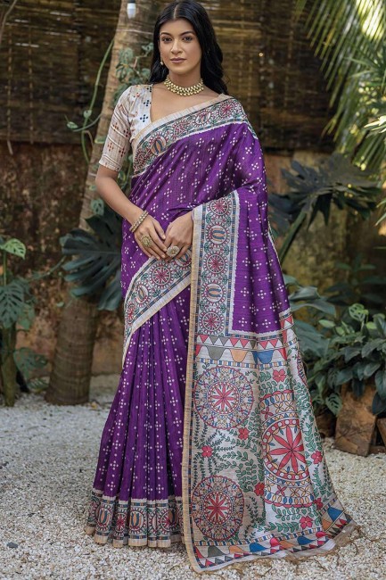 Tussar silk Purple Saree in Printed