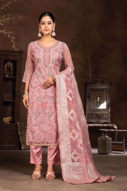 Organza Pink Straight Pant Suit in Embroidered