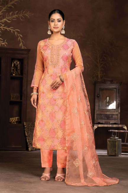 Organza Mahendi orange Straight Pant Suit in Embroidered
