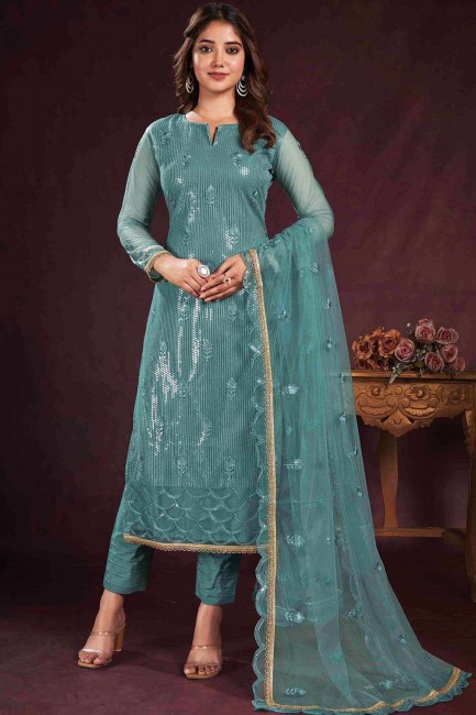 Turquoise  Embroidered Net Straight Pant Suit