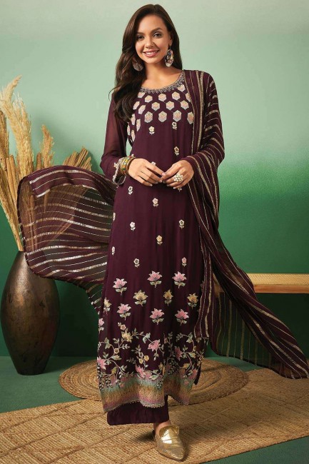 Georgette Straight Pant Suit in Wine  with Dupatta