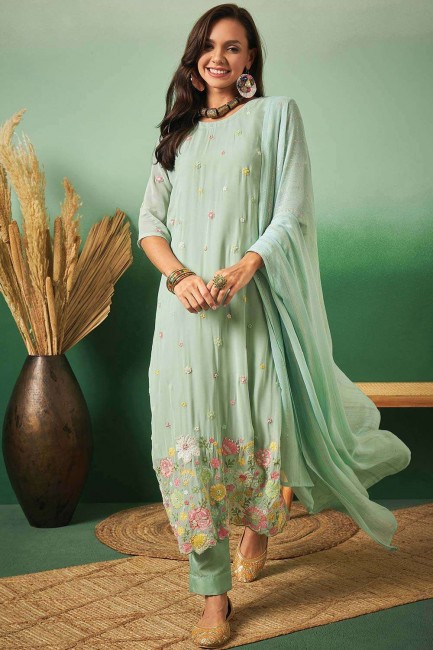 Aqua blue  Georgette Embroidered Straight Pant Suit with Dupatta