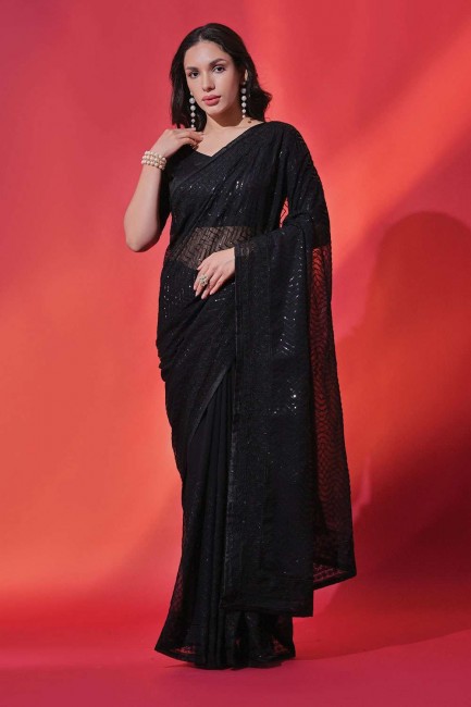 Georgette Sequins,embroidered Black Saree with Blouse