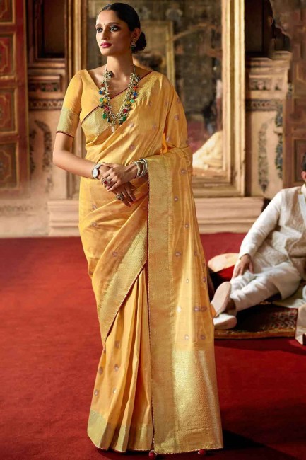 Yellow South Indian Saree in Silk with Weaving