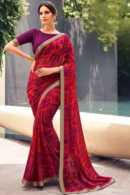 Georgette Maroon Saree in Lace