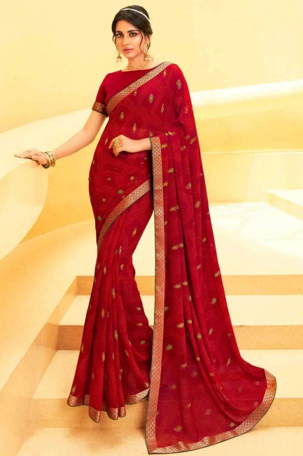Beautiful Georgette lace Saree in Red with Blouse