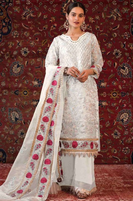 White Embroidered Faux georgette Palazzo Suit