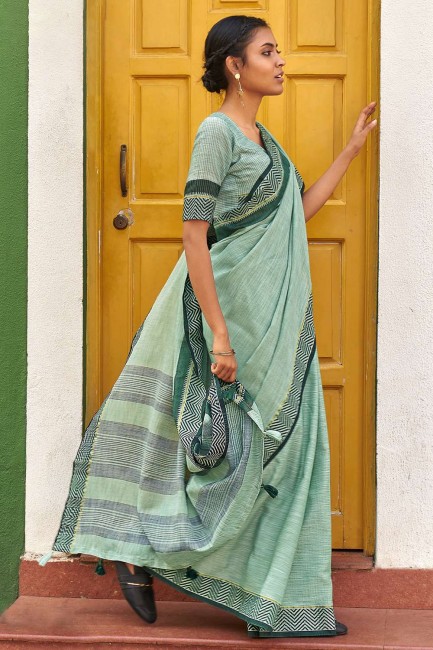 Linen Saree in Sea green  with Weaving