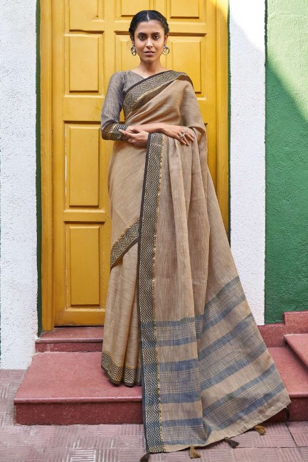 Saree in Beige Linen with Weaving