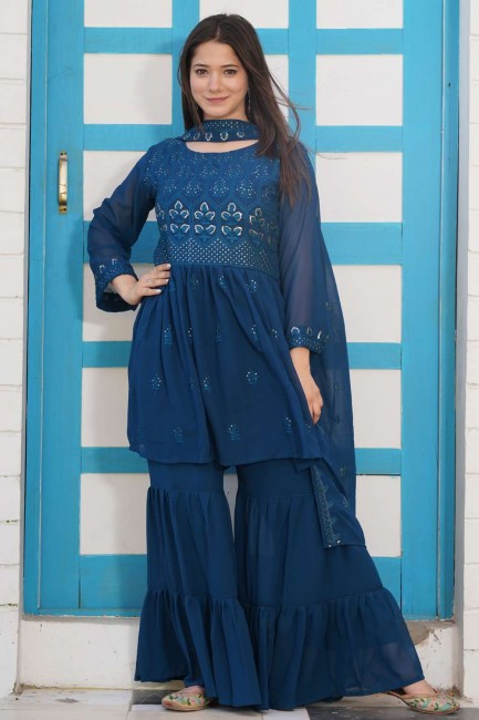 Embroidered Faux georgette Blue Sharara Suit with Dupatta