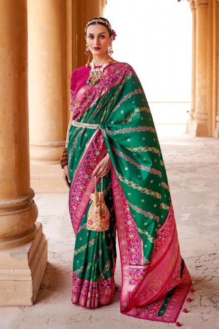 Patola silk Printed,weaving Green Saree with Blouse