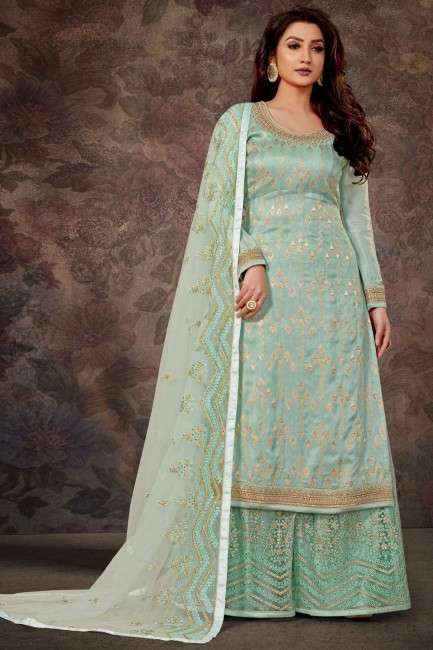 Embroidered Jacquard Palazzo Suit in Blue with Dupatta