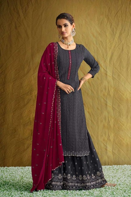 Chinon chiffon Palazzo Suit with Embroidered in Grey