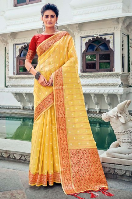 Yellow Saree with Weaving,digital print Organza