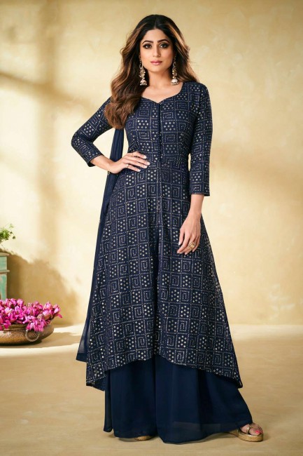 Palazzo Suit in Embroidered Blue Georgette