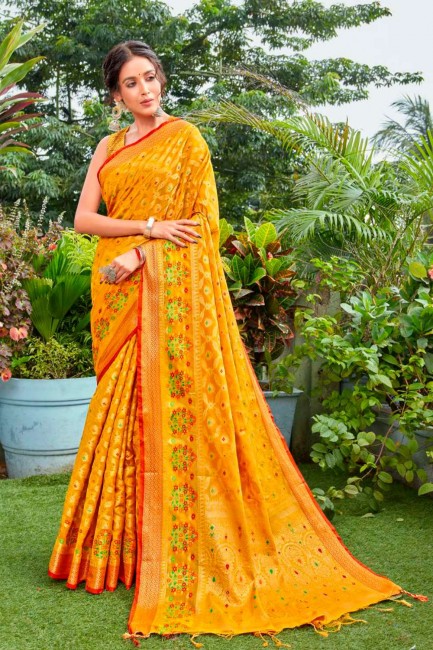 Mustard  Cotton and silk Saree with Weaving