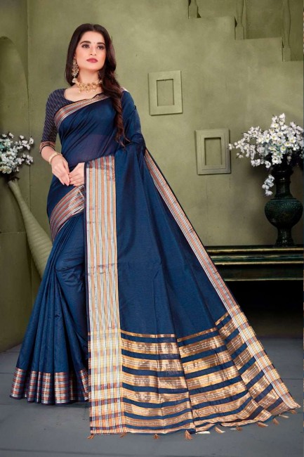 Blue Saree in Cotton and silk with Weaving
